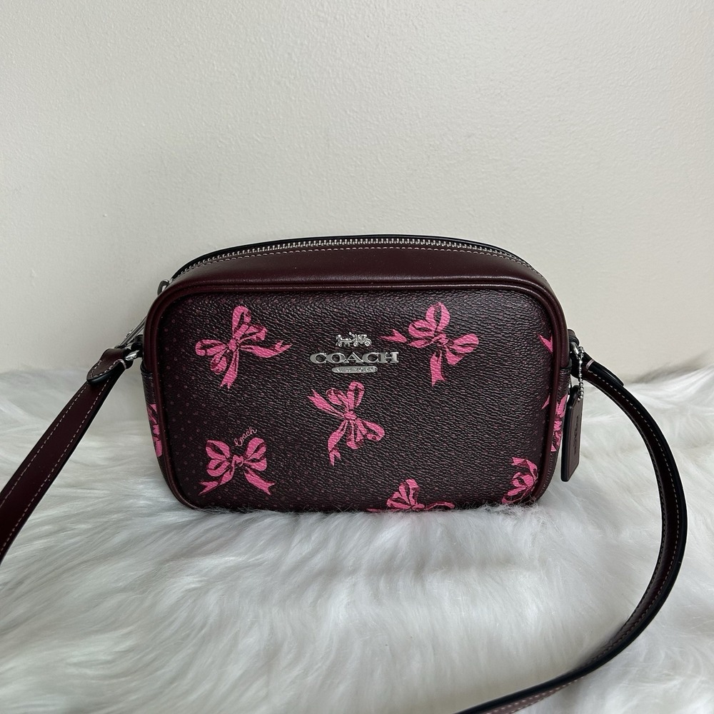 Coach Jamie Camera Bag Brown Pink Bow Coated Canvas Crossbody Excellent